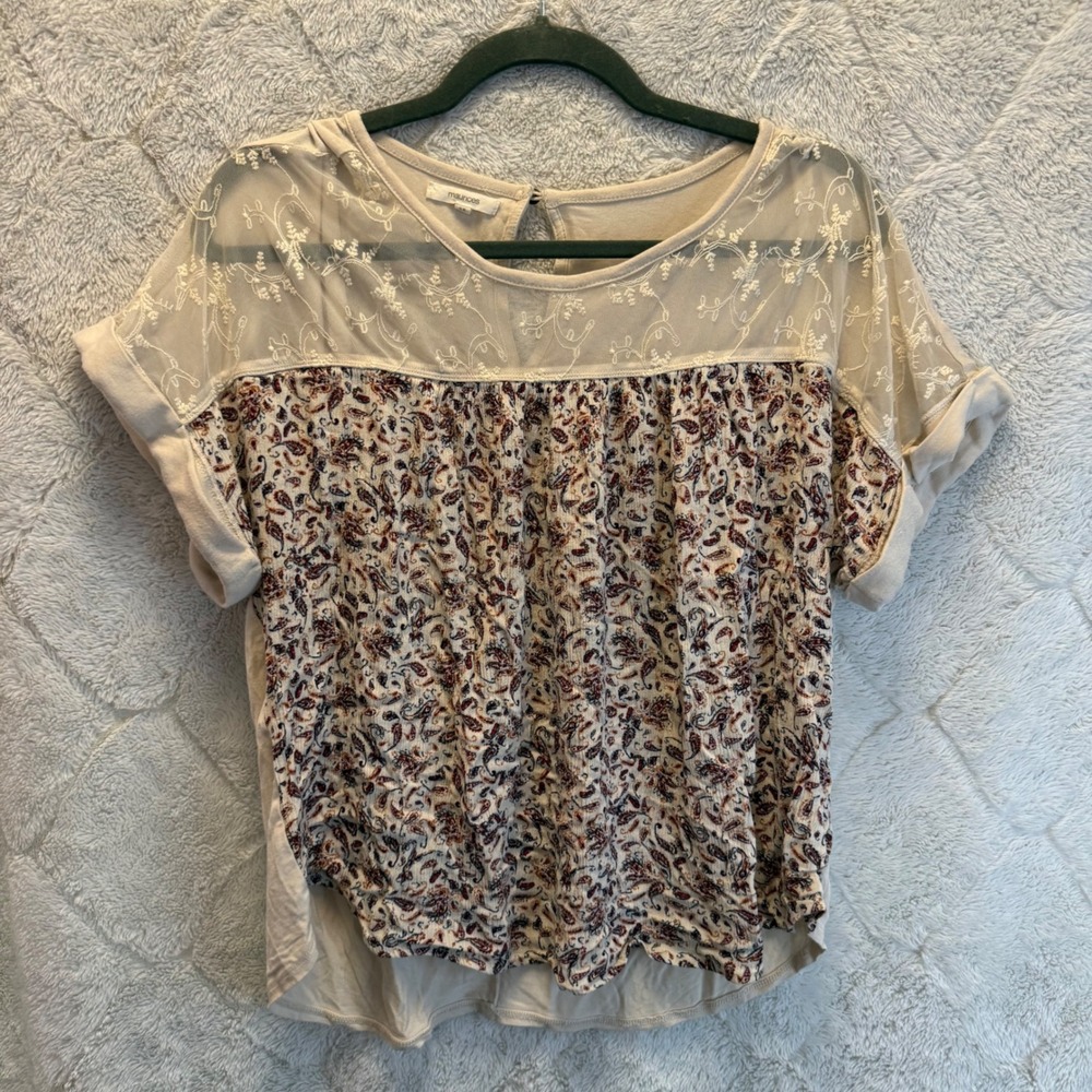 Maurices Womens Large Boho Paisley Lace Mesh Short Sleeve Blouse Cream Burgundy